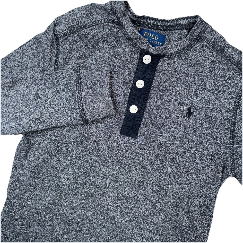 Polo Ralph Lauren Henley Shirt Boys 7 Grey Marl Long Sleeve Button Pony Logo